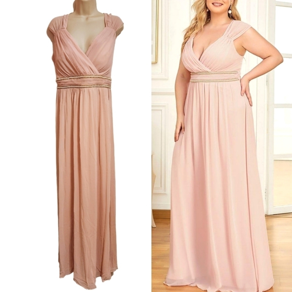 Ever Pretty Pink Chiffon Beaded Belt V Neck Maxi Dress Size 20